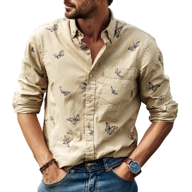 Men's Country Style Print Lapel Long Sleeve Shirt MTA0994I8Z