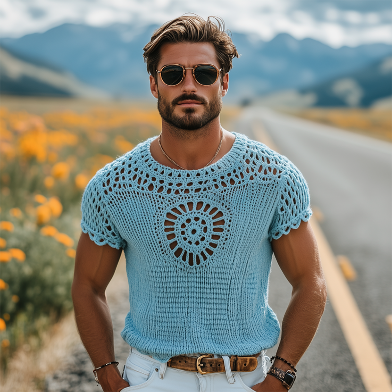 Men's Summer Fashion Casual Hollow Crochet Round Neck Knitted Short Sleeve T-shirt MTA2791F1K