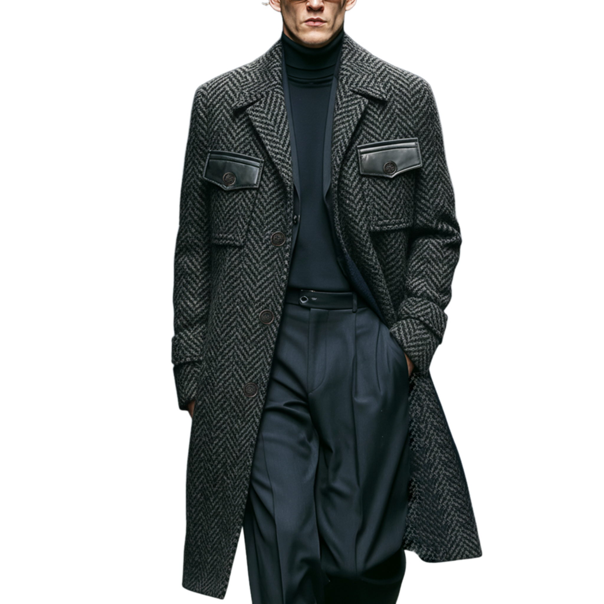 Men's Classic Light Business Lapel Pocket PU Leather Knee-length Faux Herringbone Wool Coat MTA1193J6K