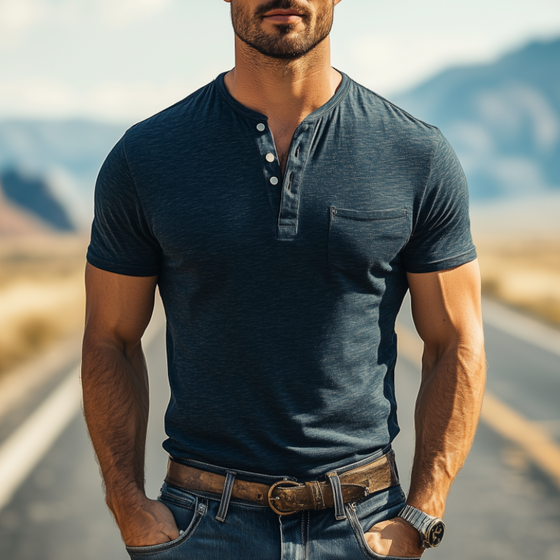 Men's Classic Casual Henley Collar Skin-friendly Cotton Short Sleeve T-Shirt 18769913K