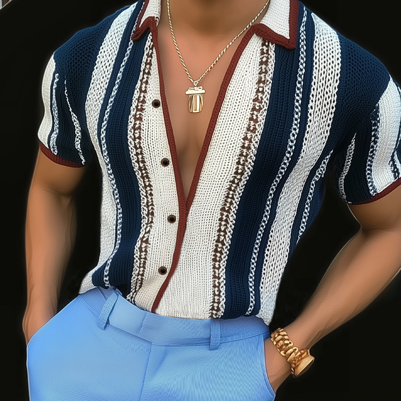 Men's Summer Classic Vertical Striped Color Block Knitted Short-sleeved Shirt MTA2758F5U