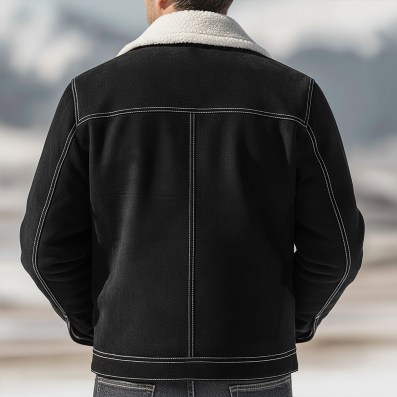 Men's Urban Black Suede Fleece Collar Zip-Up Jacket MTA2815K9U