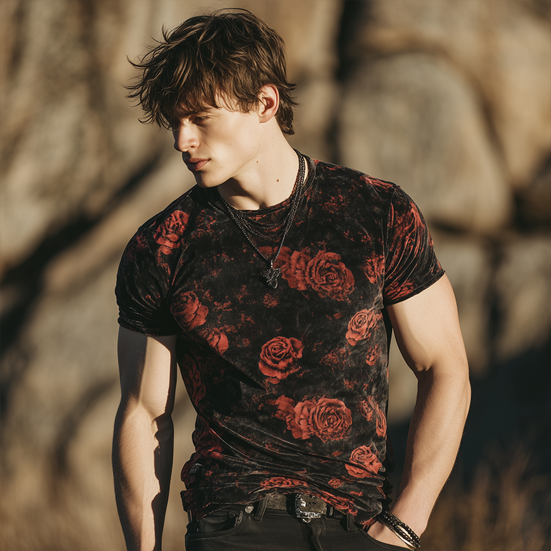 Men's Retro Casual Rose Print Velvet Round Neck Short Sleeve T-Shirt MTA1047G0TO