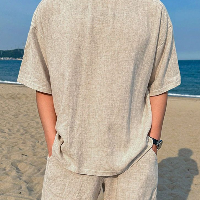 Men's Casual Breathable Linen Round Neck Oversize Short-sleeved T-shirt Elastic Waist Shorts Holiday Set MTA2700E5M