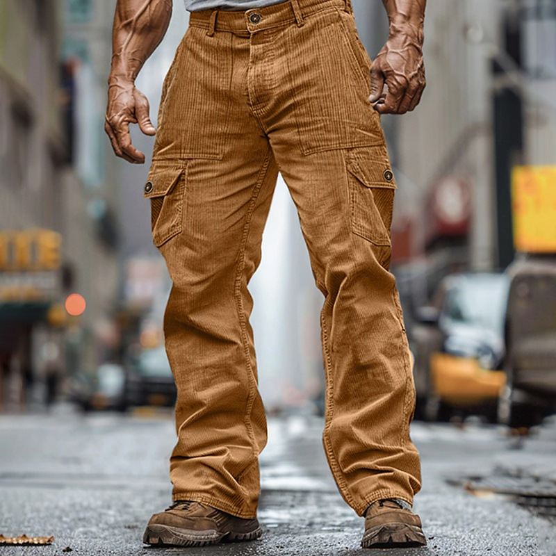 Men's Solid Multi-Pocket Corduroy Cargo Pants MTA2837G1X
