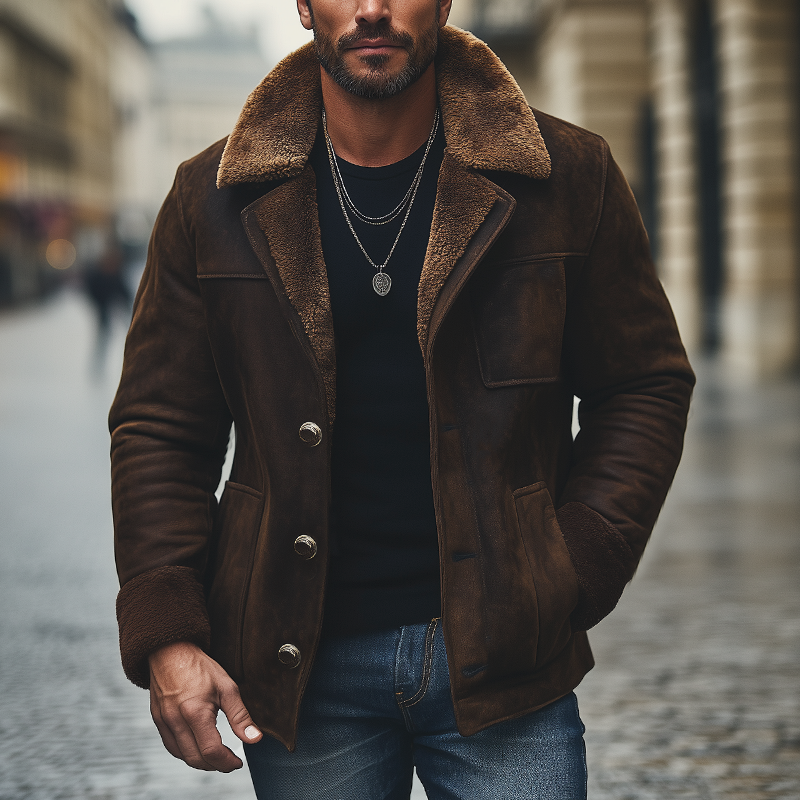 Men's Winter Suede Thickened Lambswool Lined Button-Up Jacket MTA0522K0U