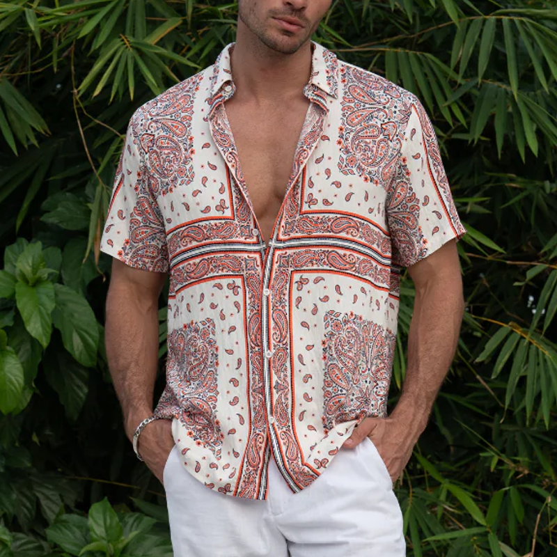 Men's Summer Vintage Tencel Cotton Printed Lapel Short Sleeve Shirt MTA0293G7K