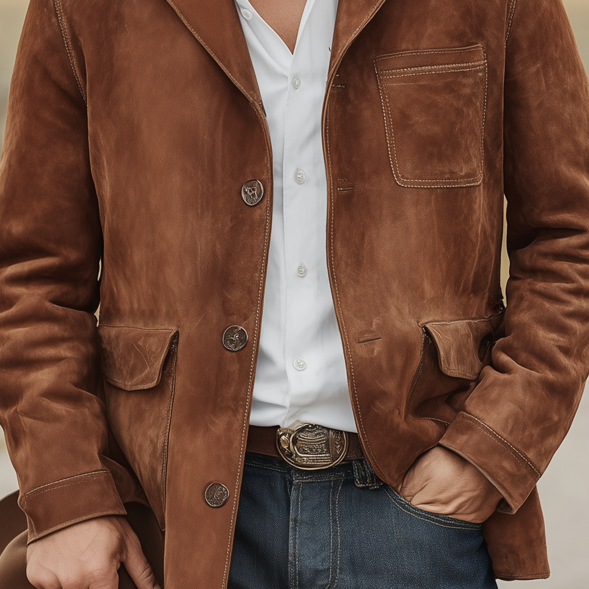 Men's Classic Retro Western Style Lapel Single-breasted Faux Suede Jacket MTA2431K8K