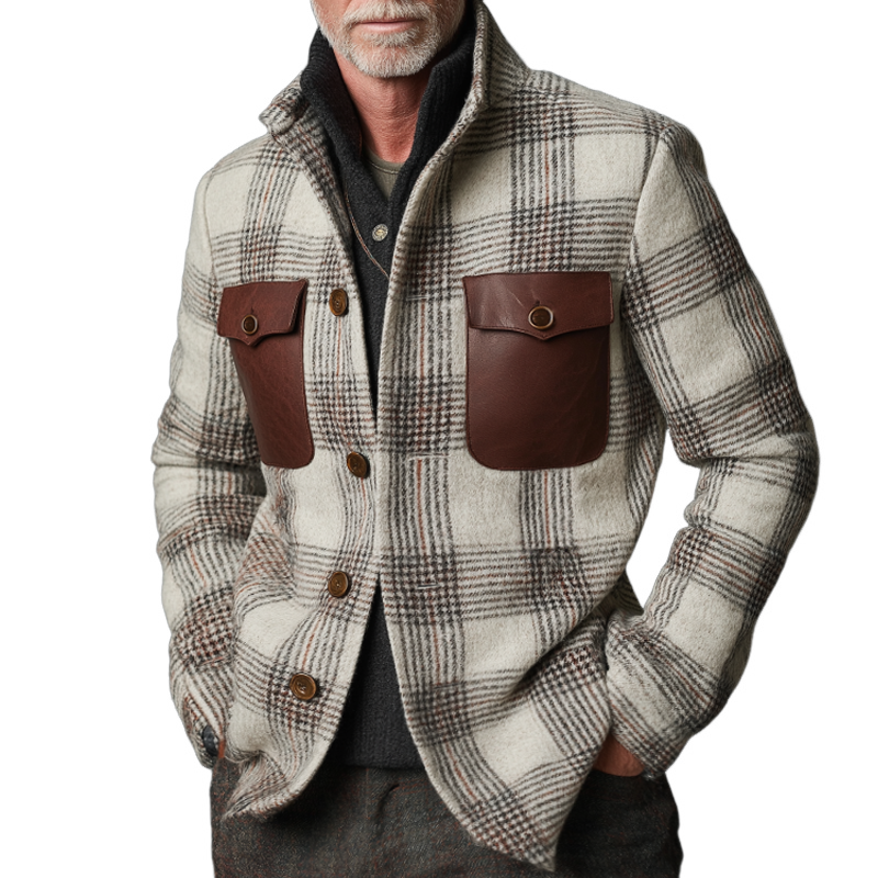 Men's Retro Casual Plaid Stitching Stand Collar Jacket MTA1915I1TO
