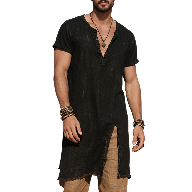 Men's Vintage Casual Cotton Washed Long Henley Short Sleeve T-Shirt MTA1836F0TO