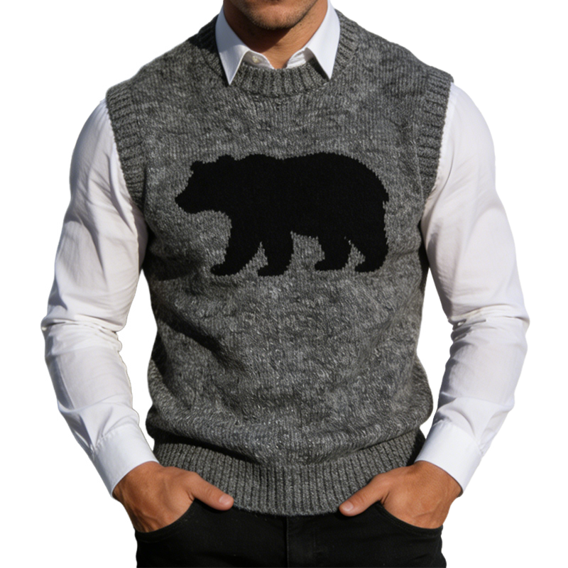 Men's Retro Casual Bear Knitted Crew Neck Vest MTA1691L3TO