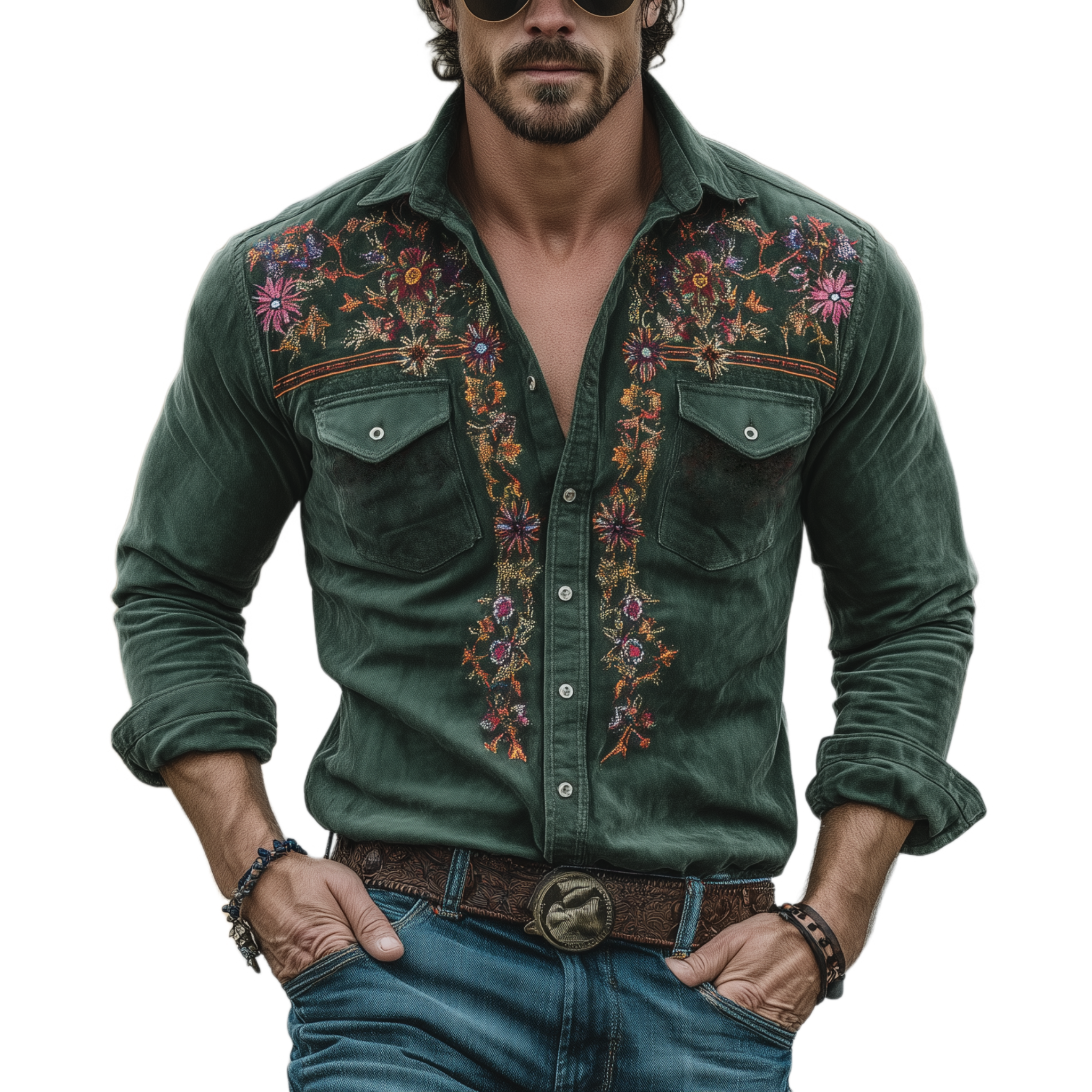 Men's Classic Retro Western Style Embroidered Faux Suede Slim Fit Long-Sleeve Shirt MTA0189L7K