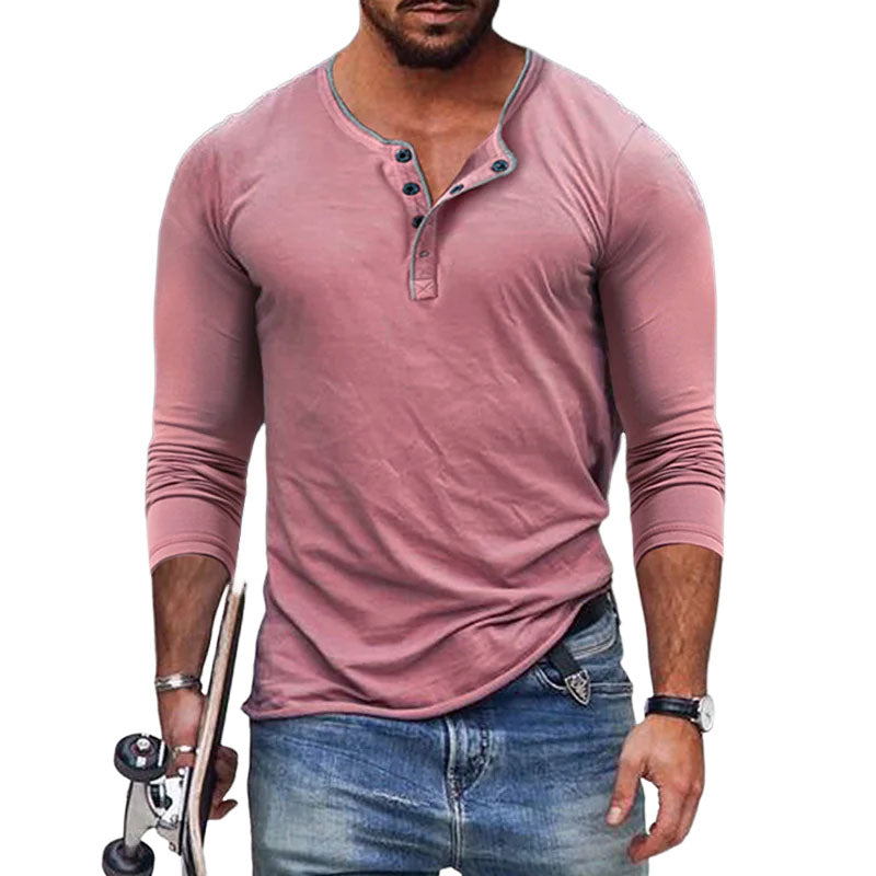 Camiseta informal de manga larga ajustada con cuello henley y mezcla de algodón para hombre 76589210M