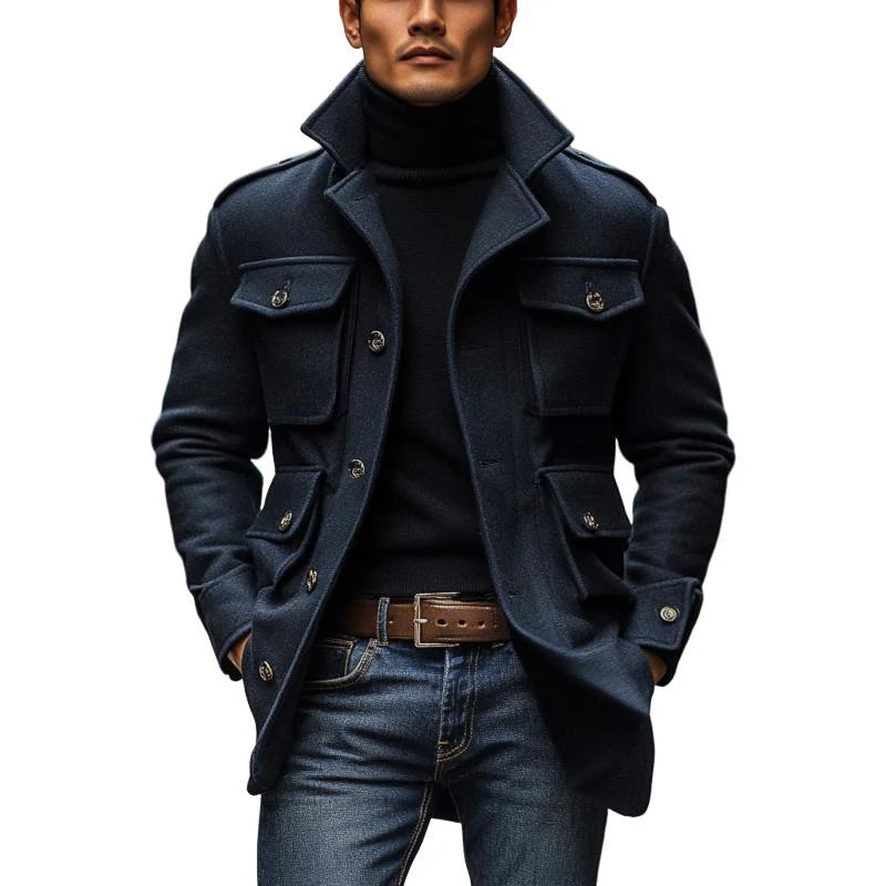 Manteau coupe slim à simple boutonnage en laine mélangée vintage pour homme avec poche 3D et revers 99679774M