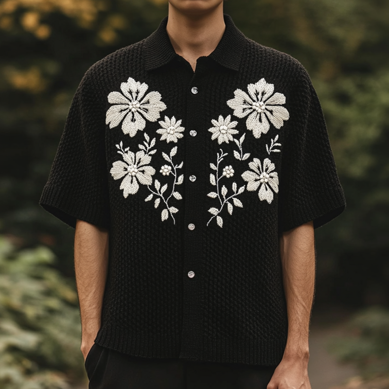 Men's Retro Casual Embroidered Knitted Lapel Short Sleeve Shirt MTA2376F0TO