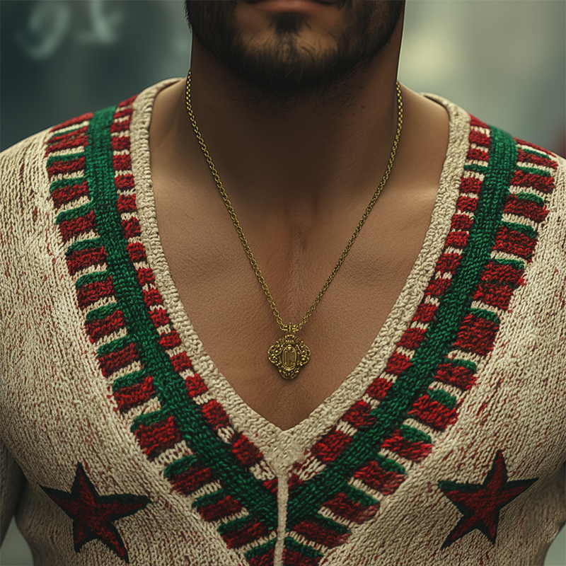 Men's Winter Retro Cotton Yarn Knitted Jacquard V-Neck Sweater MTA2983K9P