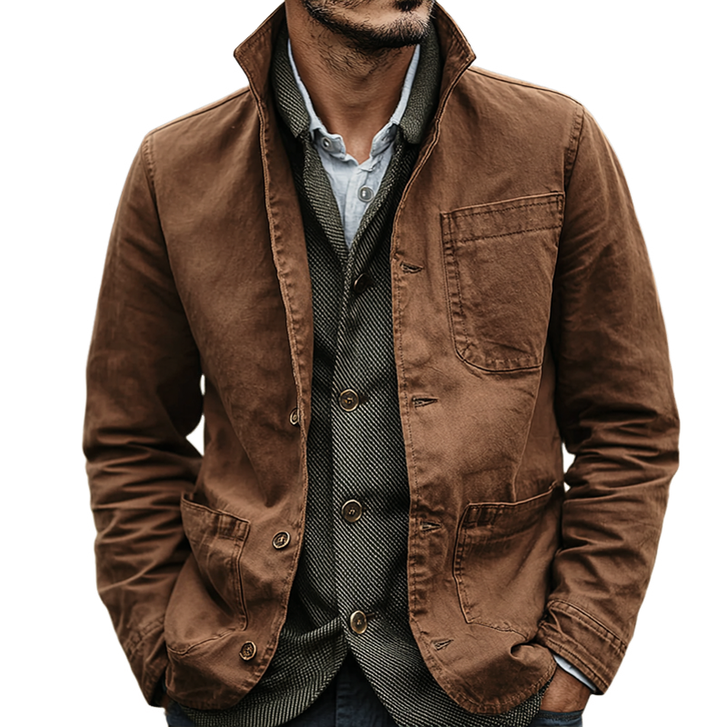 Men's Washed Cotton Lapel Multi-pocket Single Breasted Jacket MTA0447I2Z