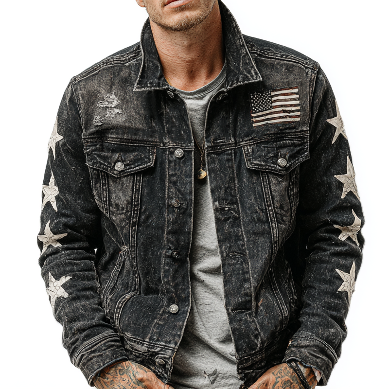 Men's Washed Vintage Star Print Denim Jacket MTA1787G0X