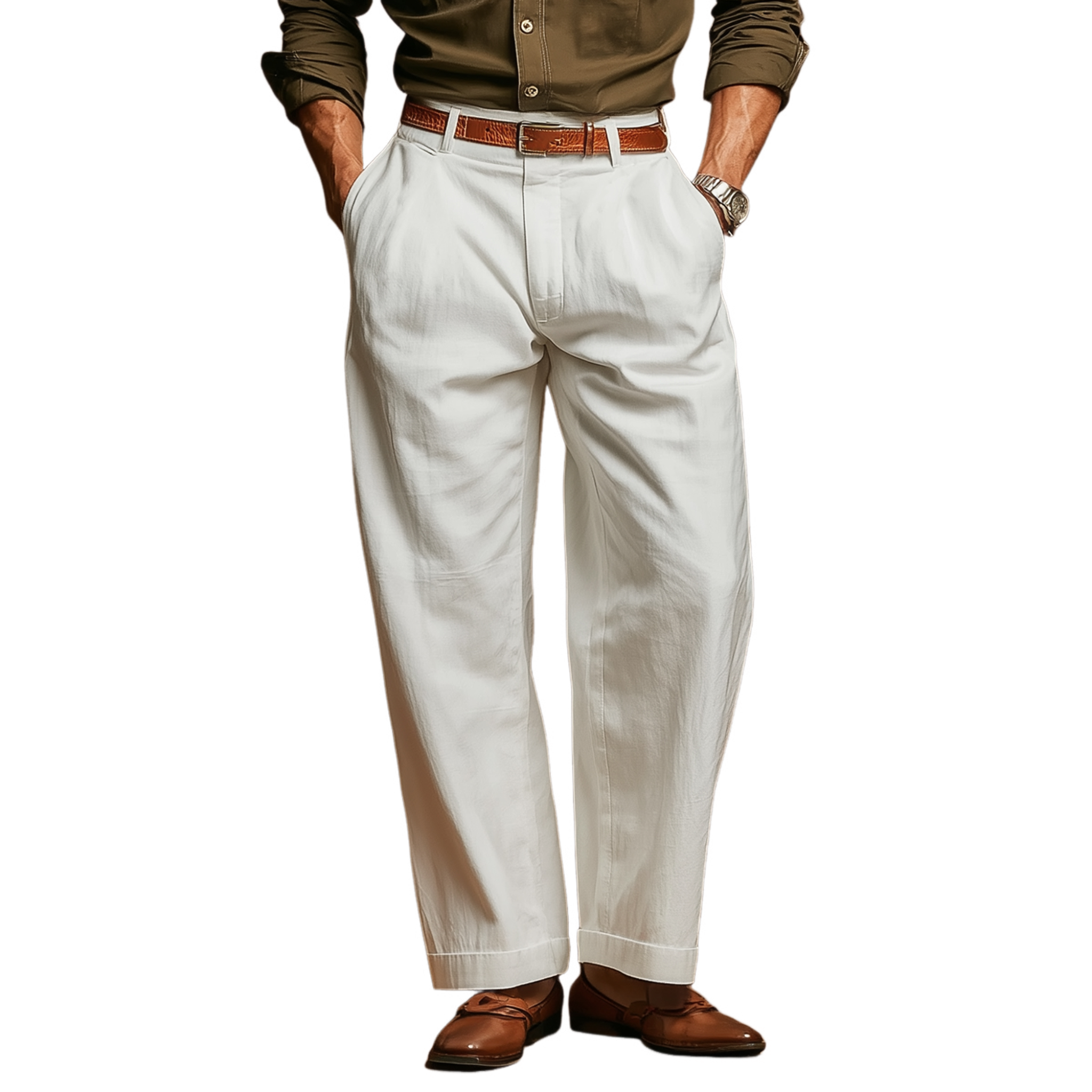 Men's Casual Solid Color Breathable Cotton Straight Suit Pants (Belt Excluded) MTA0433G0M