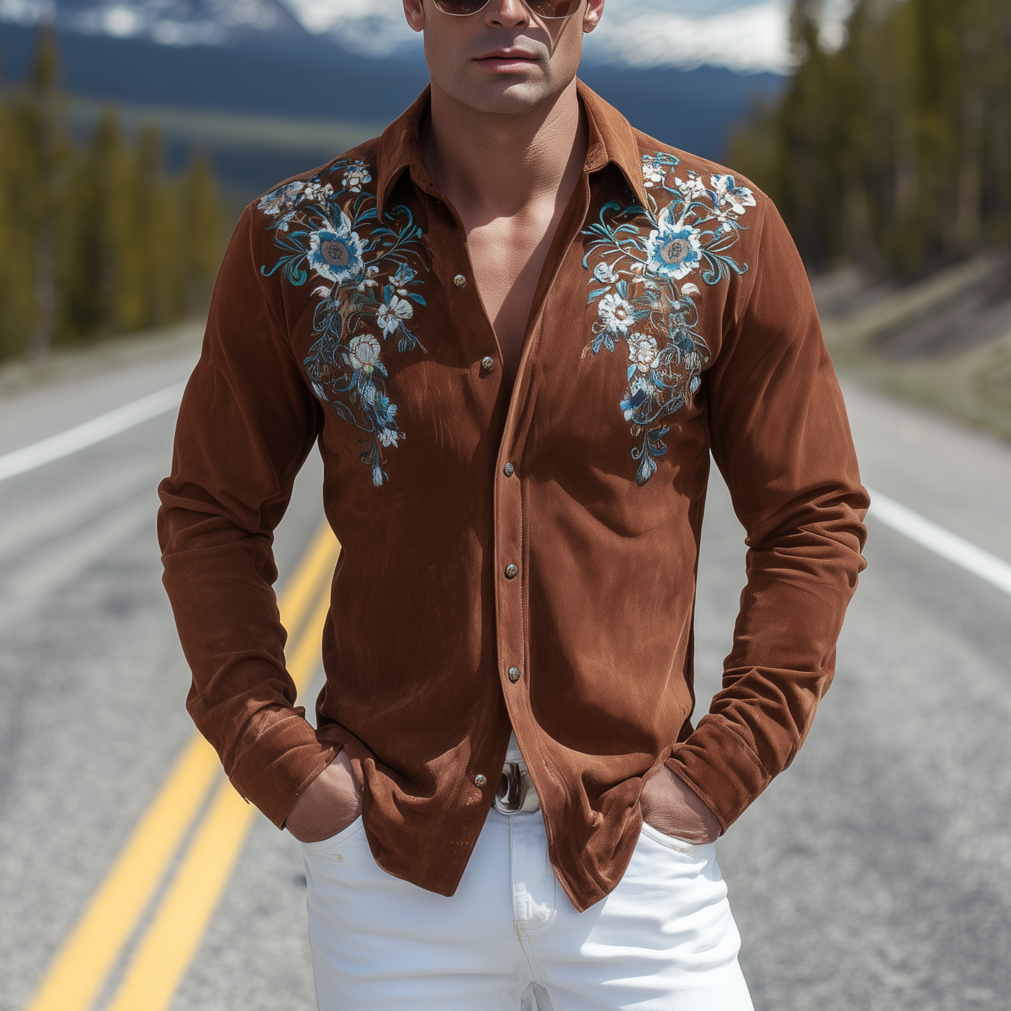 Men's Classic Retro Western Suede Embroidered Slim Fit Long Sleeve Shirt MTA1438H7K