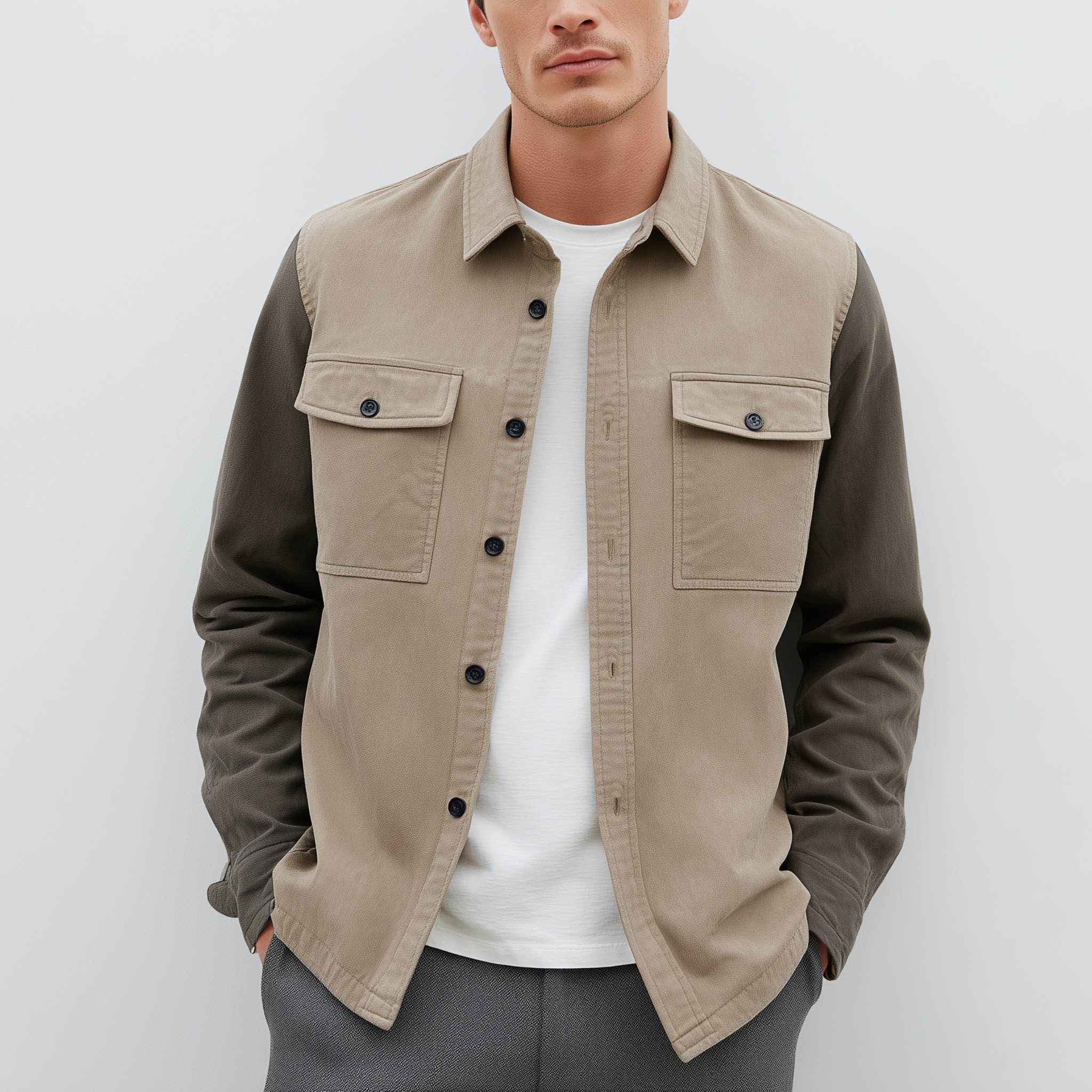 Men's Classic Casual Lapel Contrast Color Stitching Suede Long Sleeve Shirt MTA2970G9K