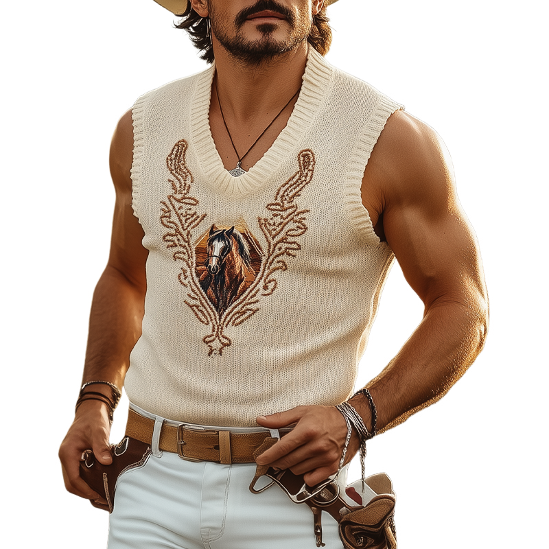 Men's Spring And Summer Fashion Casual Western Cowboy Style V-neck Slim Fit Thin Knitted Embroidered Jacquard Tank Top MTA1556E6K