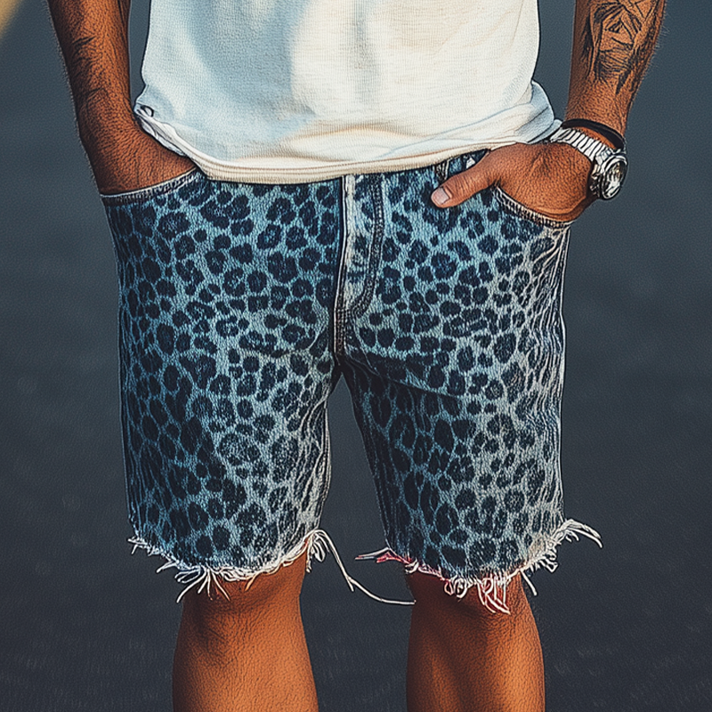Men's Spring And Summer Fashion Retro Western Cowboy Style Washed Denim Leopard Print Loose Trousers Raw Edge Casual Shorts MTA1378E3K