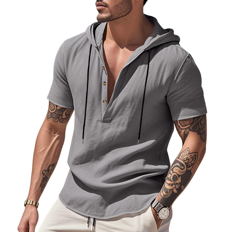 Men's Casual Solid Color Breathable Cotton Henley Collar Hooded Slim Fit Short Sleeve T-Shirt MTA0630E7M