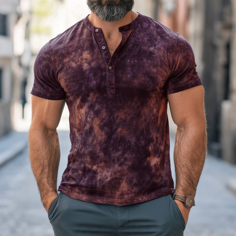 Herremote T-skjorte med tie-dye-trykk og henley-krage, slim fit og korte ermer MTA0395G1M