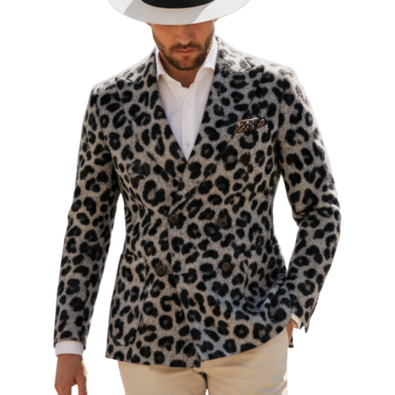 Men's Black And Grey Leopard Print Faux Wool Double-breasted Blazer MTA1897I4U