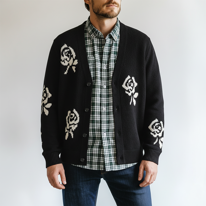 Men's Winter Simple Rose Jacquard Cotton Yarn Knit Cardigan MTA1462K5P