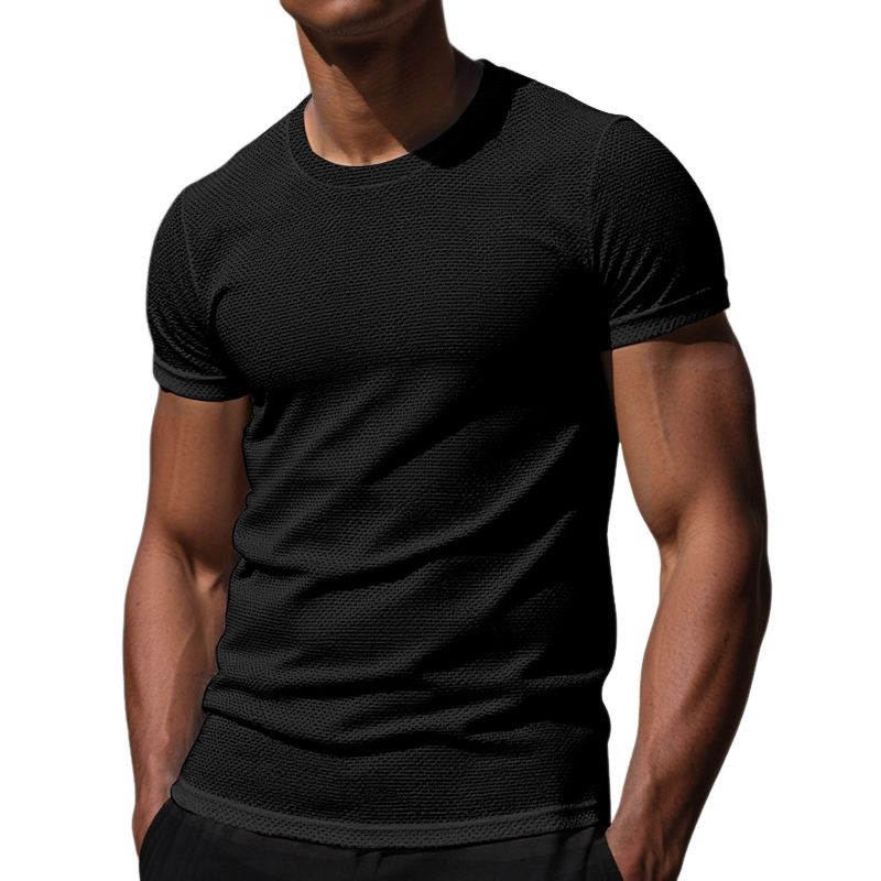 Men's Solid Color Textured Round Neck Short-sleeved T-shirt MTA2100G1X