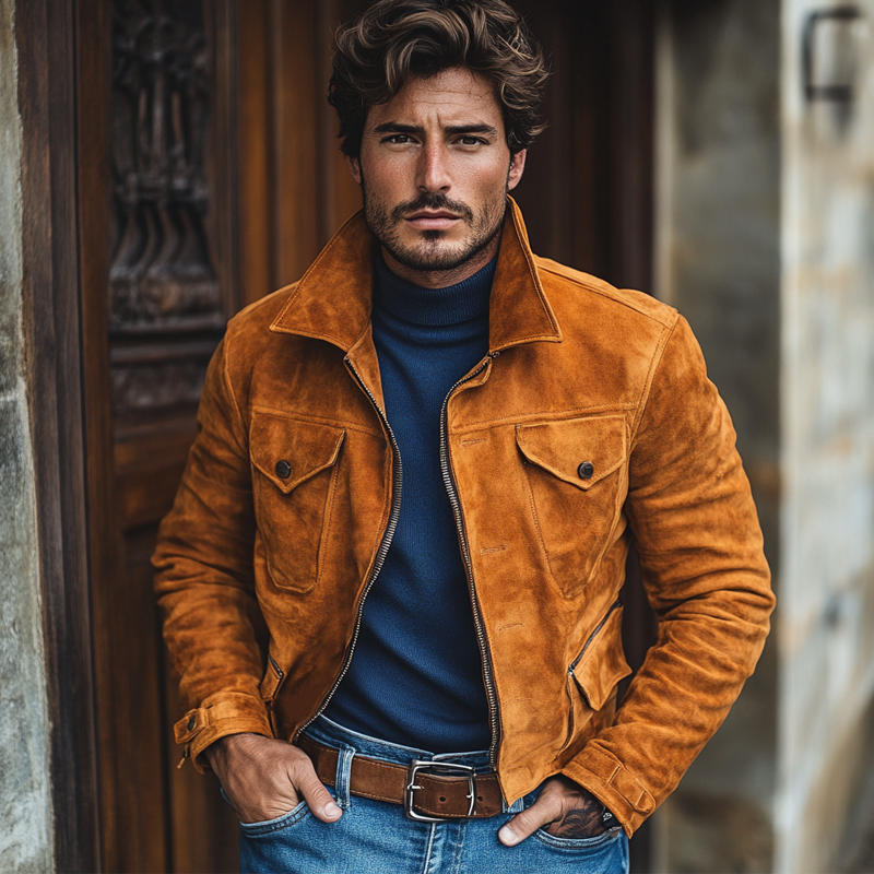 Men's Retro Solid Color Faux Suede Collar Slim Fit Jacket MTA0577K8X