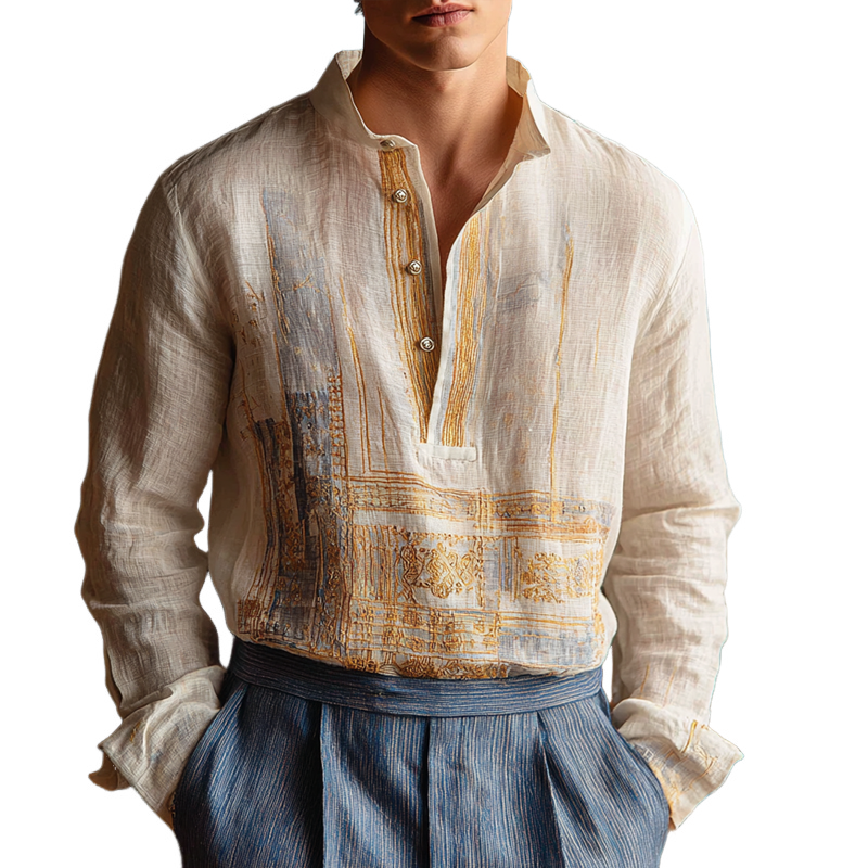 Men's Vintage Print Cotton And Linen Henley Collar Long Sleeve Shirt MTA1096G4Z
