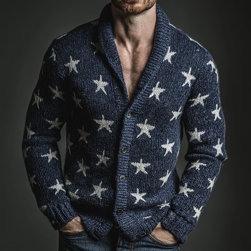 Men's Retro Casual Star Universe Knitted Lapel Sweater Button Cardigan MTA1328J4TO