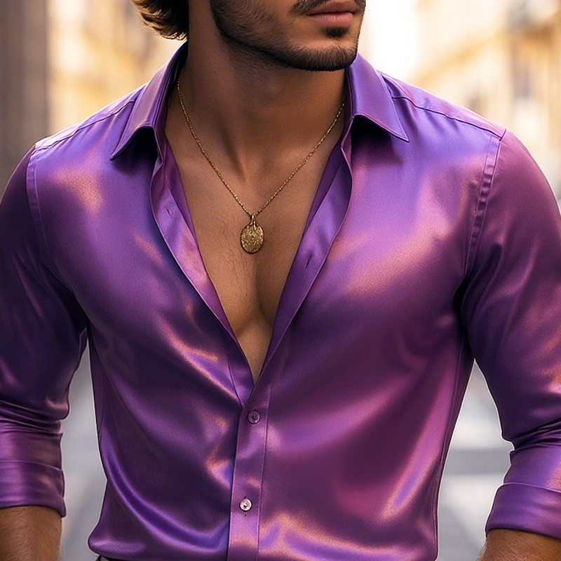 Men's Solid Glitter Satin Lapel Long Sleeve Shirt MTA2355F8Z