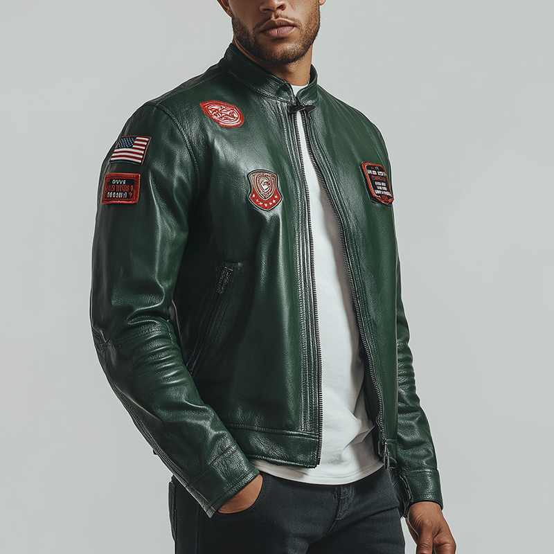 Men's Vintage Patch Faux Leather Zip-Up Jacket MTA2759H4P