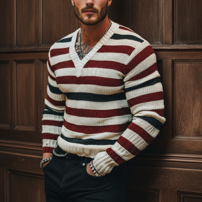 Men's Autumn Retro Contrast Striped Cotton Knitted V-Neck Sweater MTA1669J6P