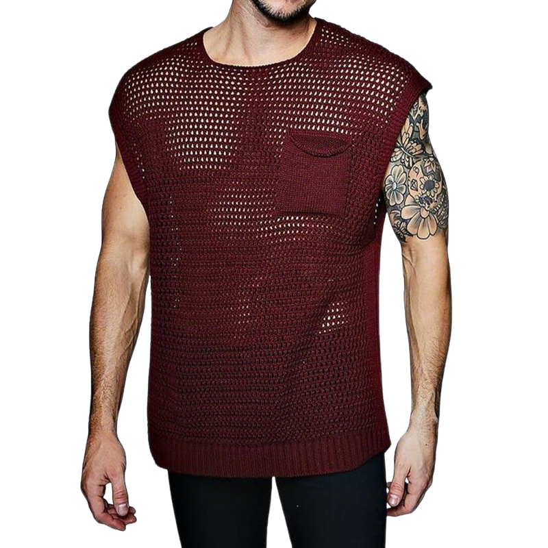 Men's Spring And Summer Fashion Casual Hollow Knitted Round Neck Pocket Tank Top MTA0444G2K