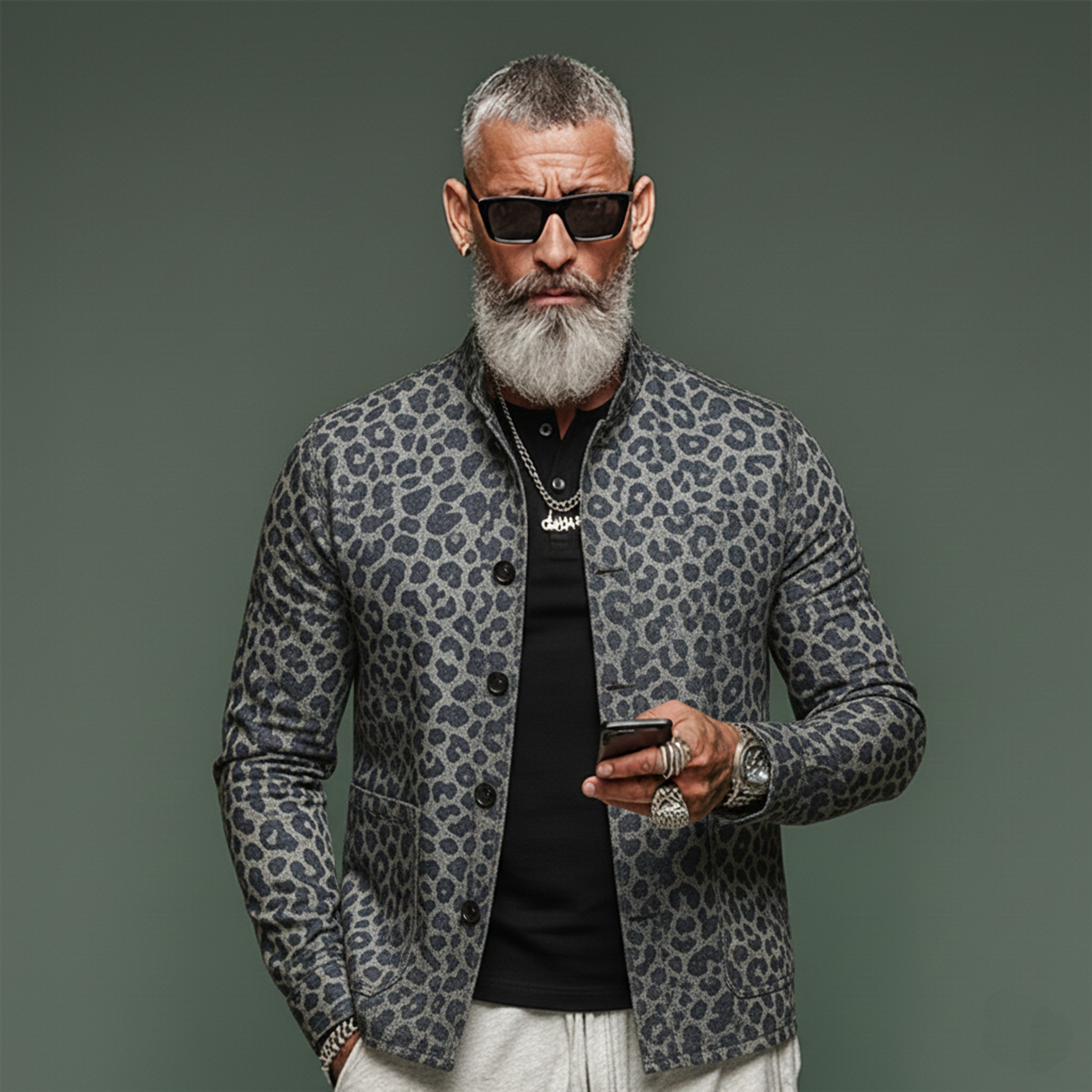 Men's Classic Vintage Stand-collar Leopard Print Jacquard Denim Jacket MTA1548L5K