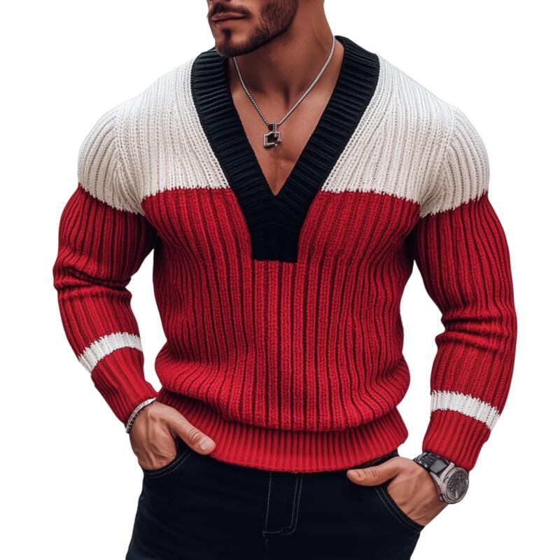 Men's Stylish Contrast Color Breathable Knitted V-Neck Slim Fit Pullover Sweater MTA2838H0M