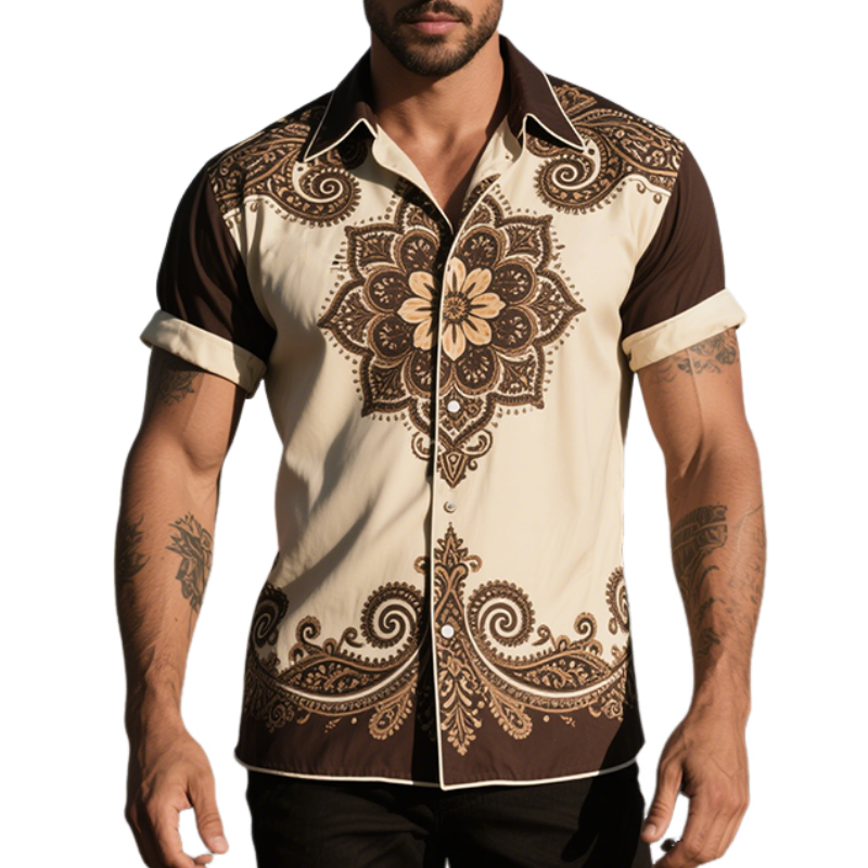 Men's Vintage Casual Perris Print Lapel Short Sleeve Shirt MTA2986E3TO