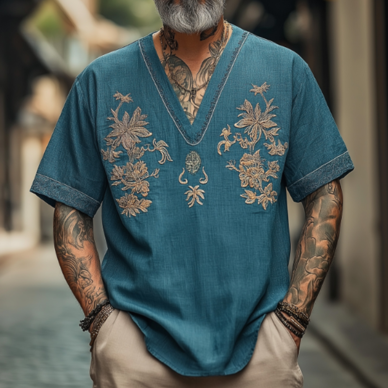 Men's Casual Vintage V-neck Cotton Blend Embroidered Short-sleeved T-shirt 61403888F