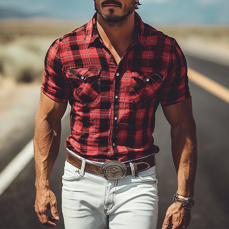 Men's Summer  Casual Retro Western  Cowboy Plaid Cotton and Linen Short-sleeved Shirt MTA2805D4K