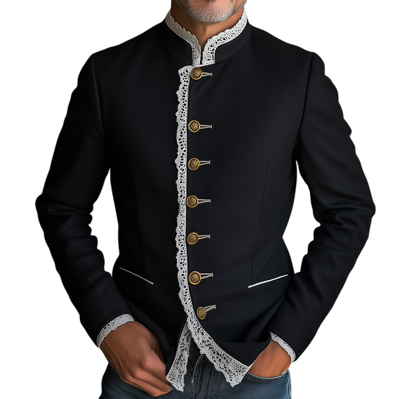 Men's Retro Casual Lace-Trimmed Court Style Stand Collar Jacket MTA3057J1TO