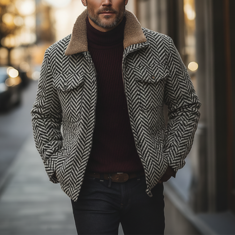 Men's Retro Herringbone Faux Wool Fleece Patchwork Jacket MTA0336K1P