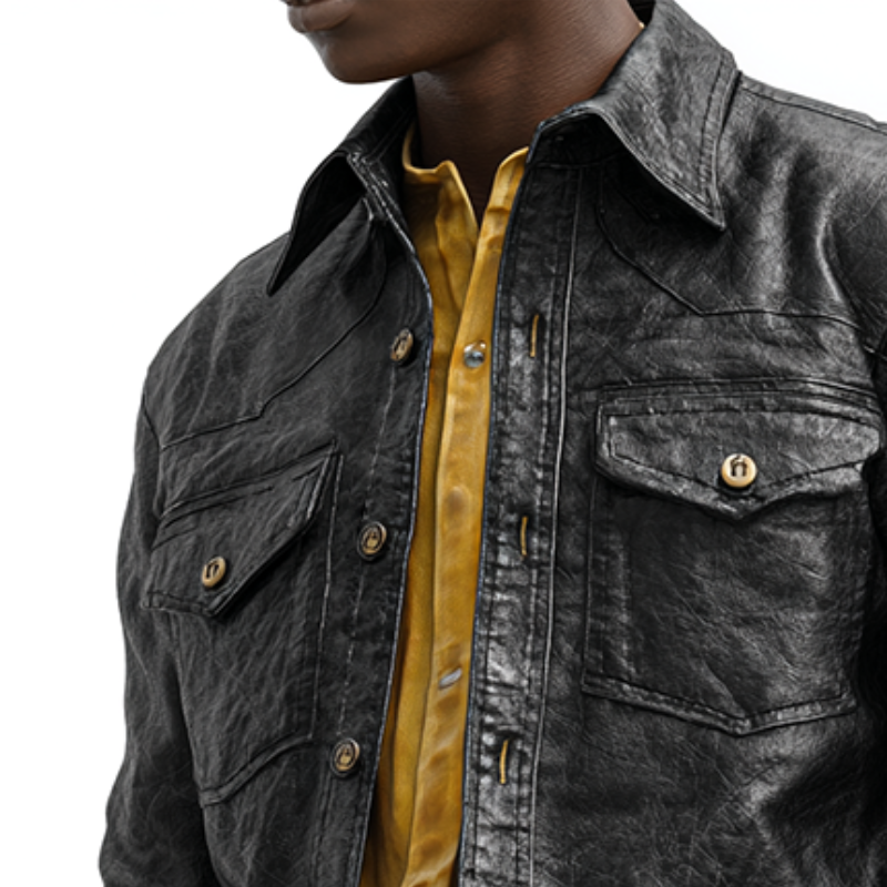 Men's Retro Casual Leather Pleated Lapel Long Sleeve Shirt MTA0458H1TO