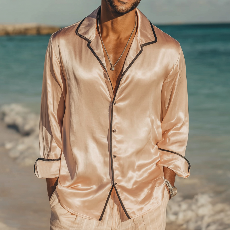 Men's Vintage Elegant Satin Colorblock Lapel Single Breasted Slim Fit Long Sleeve Shirt MTA1452G7M