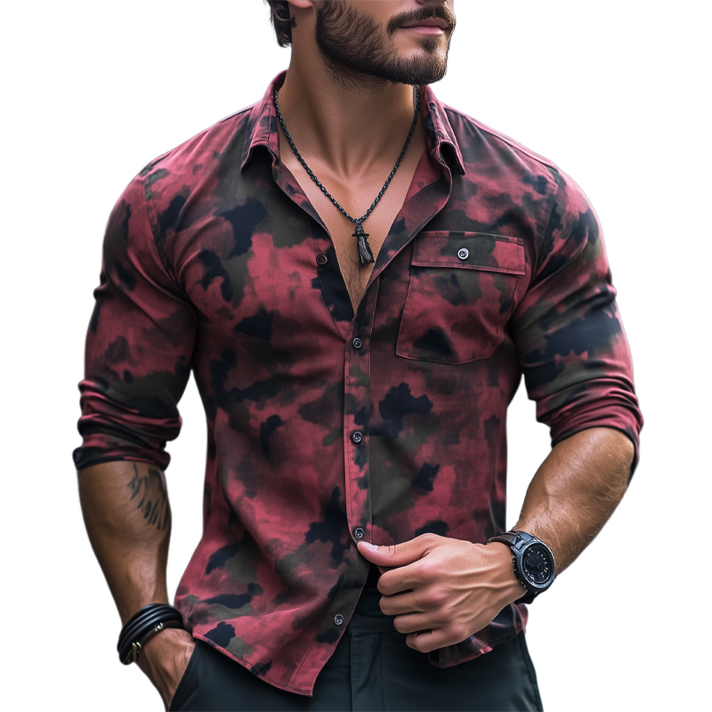 Men's Spring And Autumn Black And Red Camouflage Long-sleeved Shirt MTA0110H8U