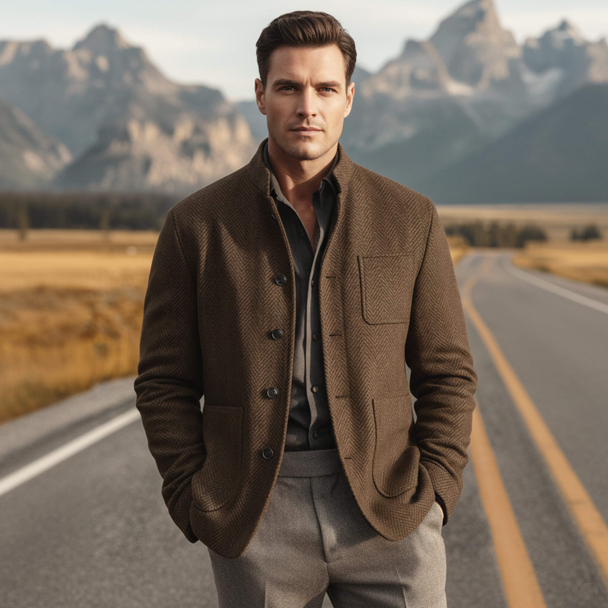 Men's Classic Casual Stand-up Collar Multi-pocket Herringbone Faux Wool Jacket MTA2241I5K